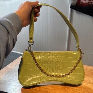 Lime Green Crocodile-Embossed Shoulder Bag
